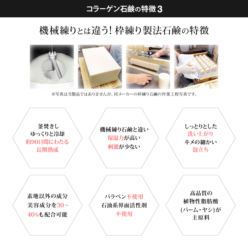 コラーゲン石鹸の特徴3:機械練りとは違う!枠練り製法石鹸の特徴